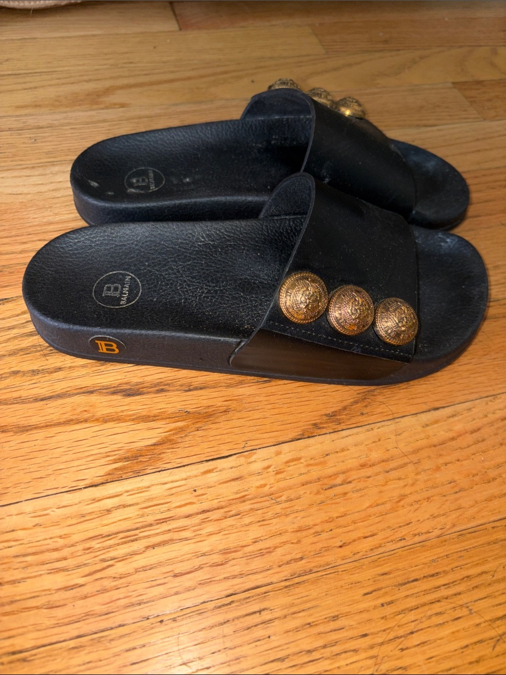 Balmain Black Slides with Gold Buttons